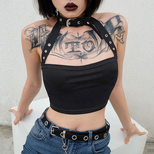 halterneck metal buckle open back tank top金属扣挂脖短款背心