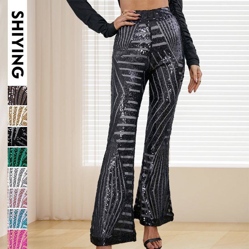 women slim glitter leg flowy trousers patchwork wide