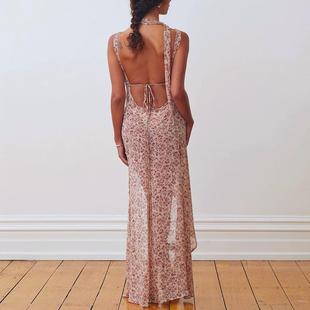 neck dress beach floral high see through holiday