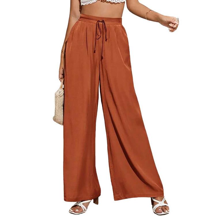 Womens high waist casual trousers solid color elastic tie