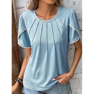 pleated color shirt Ladies solid round new sleeve