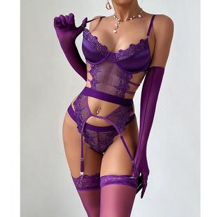 set grape lingerie socks splicing bra sexy gloves Purple