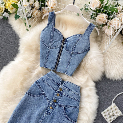 Short strappy vest and denim skirt吊带背心高腰牛仔半身裙套装