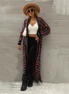 outerwears elegant collarless sleeves long tasseled plaid