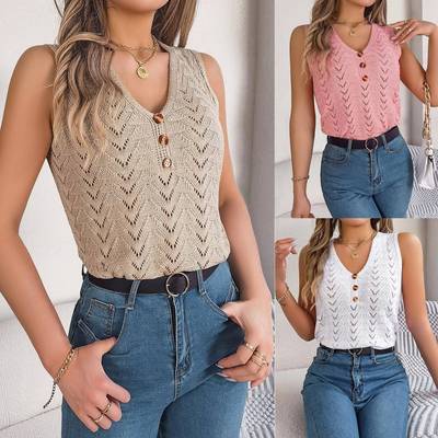 sweater Button sleeveless clothing top hollow V-neck