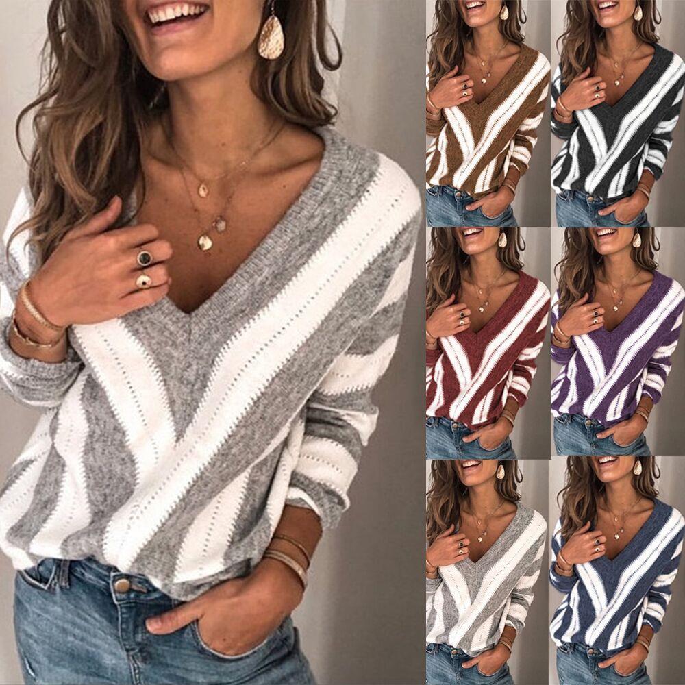Womens Temperament Knitted Commuter Sweater V-neck Sleeve