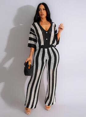 Wide Suit Lapel Sexy V-neck Striped Pants Hollow Womens
