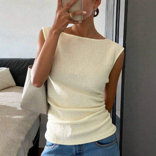 女士圆领紧身褶皱纯色上衣Skinny Pleated Solid Color Top