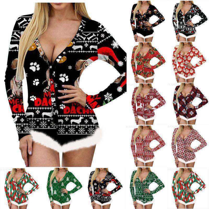 christmas pajama rompers for women neck long button down