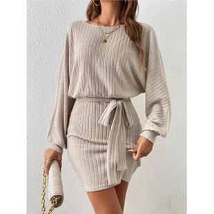 winter brown plus size dress women lace-up long sweater