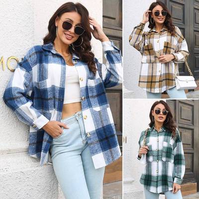 Plaid coat womens long sleeve mid-length woolen shirt new