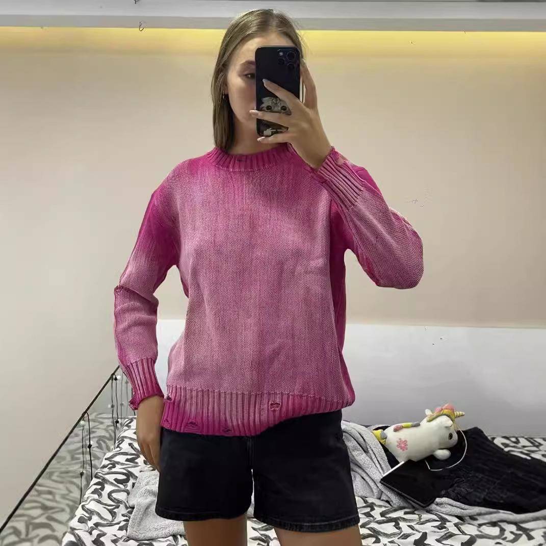 Distressed pink lazy tattered style sweater for women loose