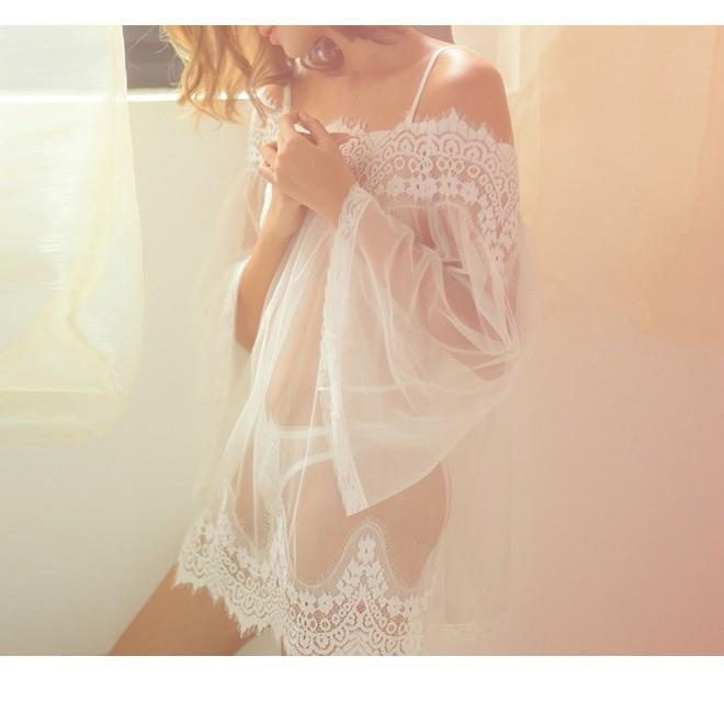 Sexy mesh pajamas blouse stitching white off-shoulder lace