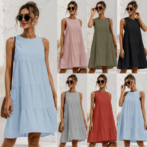 Sleeveless Solid Cotton Linen Dress无袖拼接宽松女连衣裙