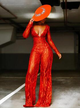 V jumpsuit pants with deep bright wide-leg gold-sprinkled