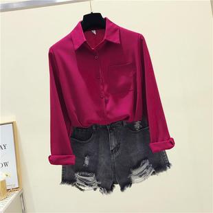 top wine chiffon shirt womens Spring red sleeve long style