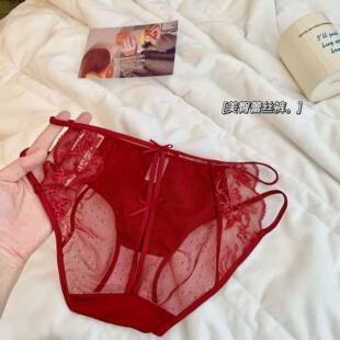 cute bow lace red low hollow breathable Sexy panties waist