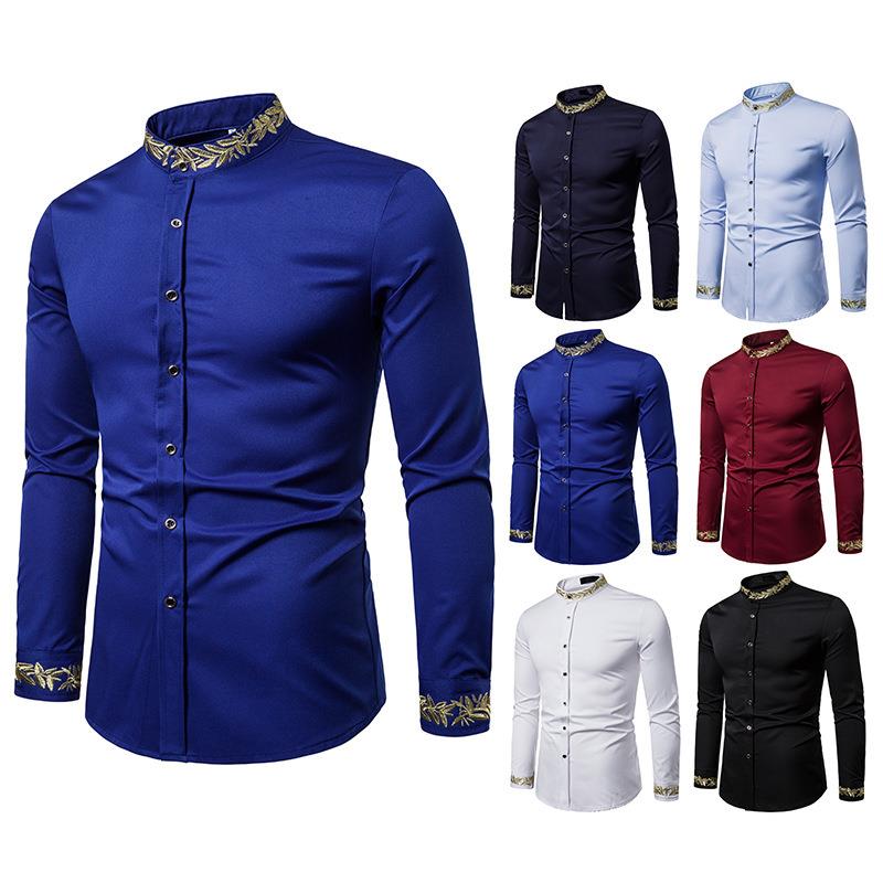 Mens Fashion Embroidered Shirt Pattern Henley Collar Long