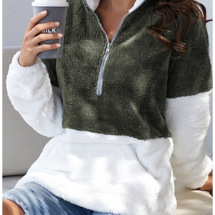 Kangaroo Plush Womens Pullover Zipper Contrast Stitching