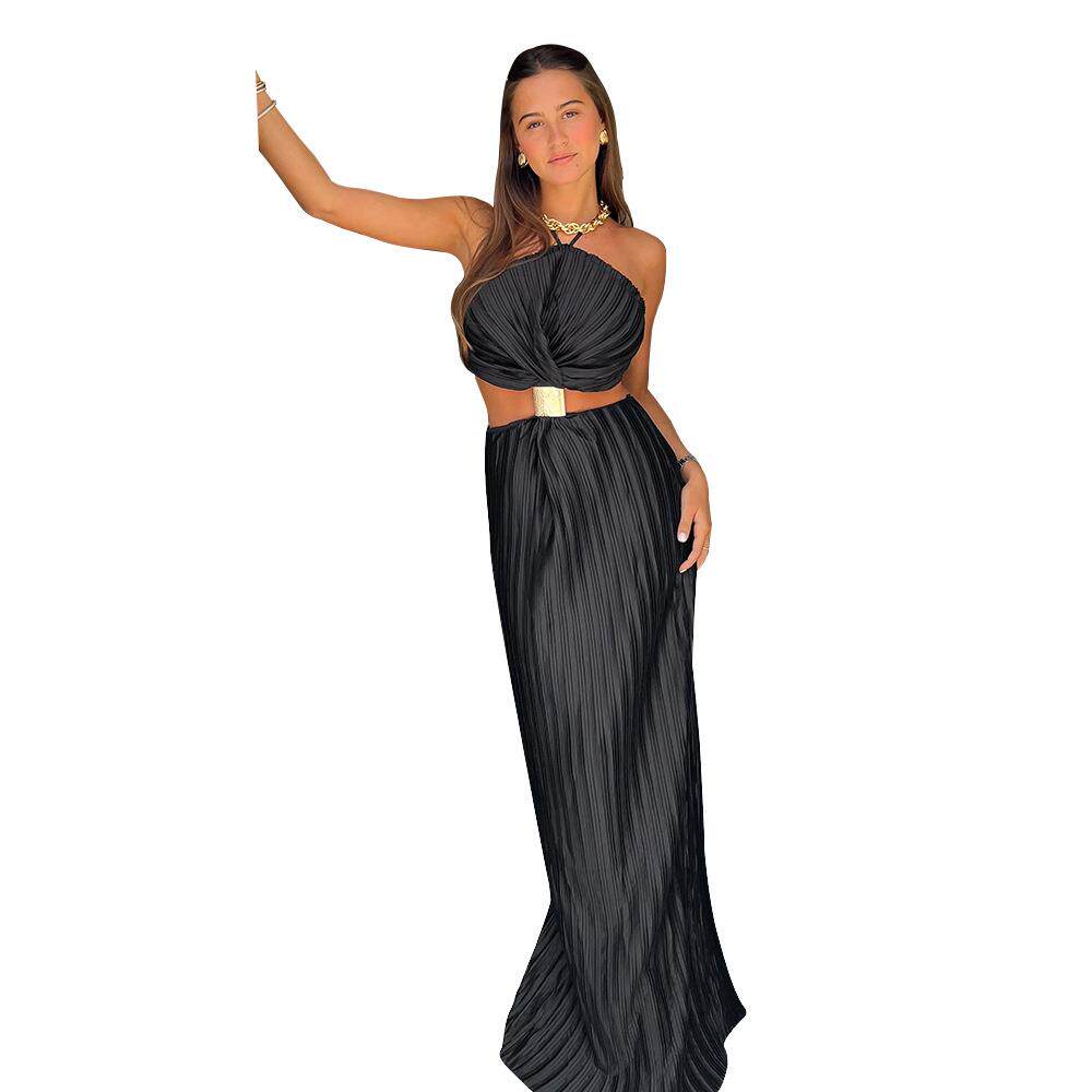 Womens pleated sexy lace-up evening dress with back slits