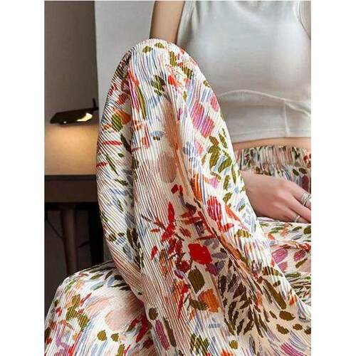 褶皱面料九分阔腿裤Casual color pleated fabric wide-leg pants