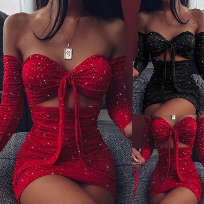 sexy sparkly top straps hollowed-out tube Long-sleeved with