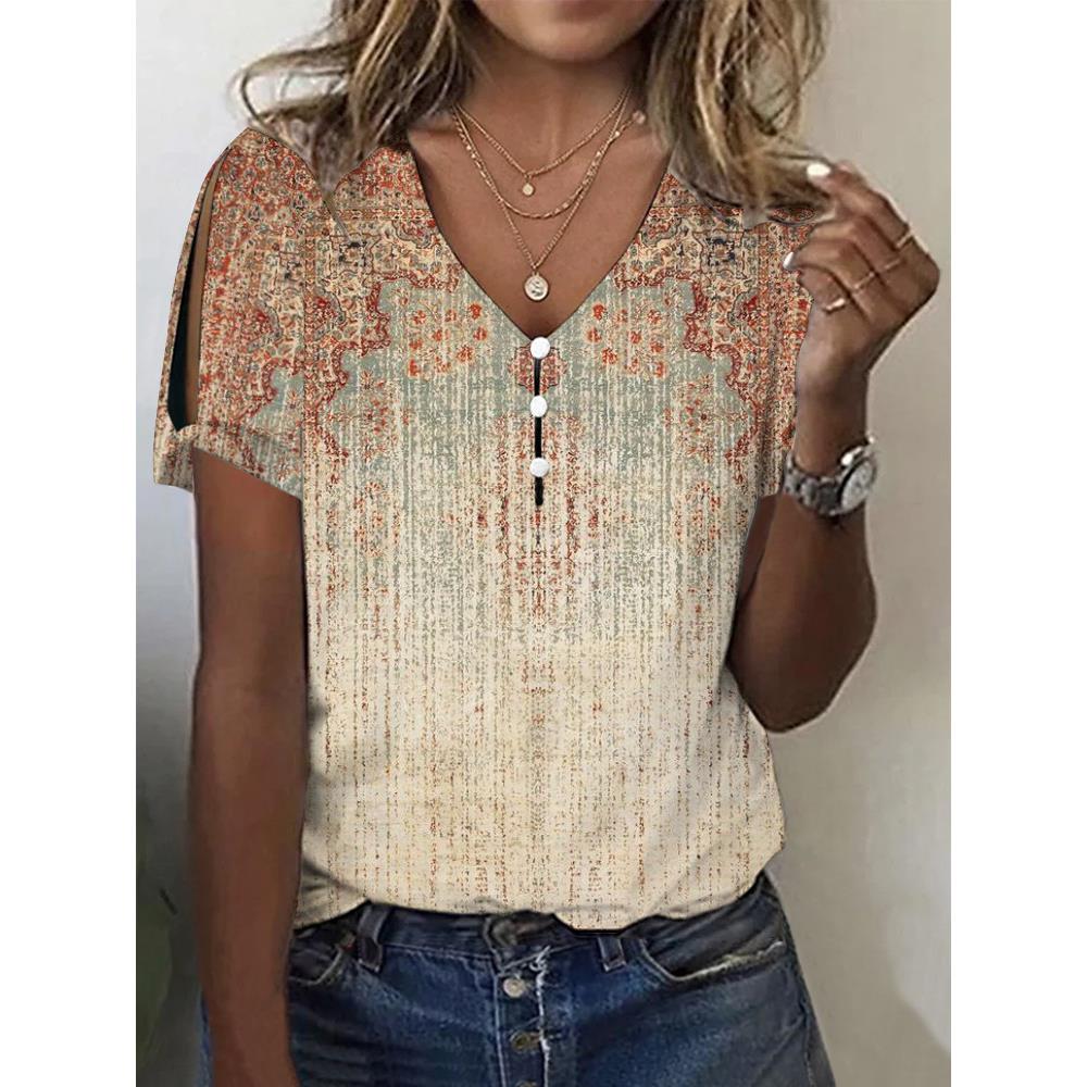Womens casual V-neck short-sleeved pullover digital womens