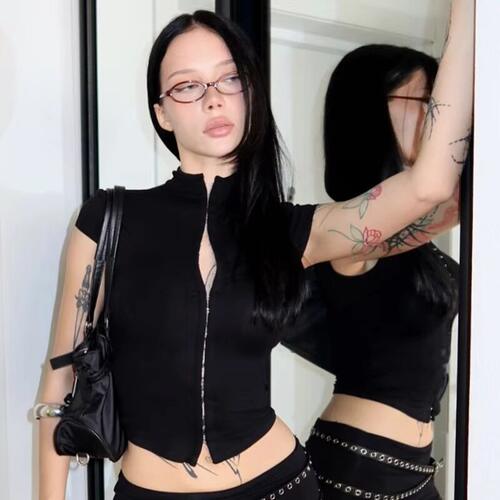 Sexy short sleeved top 中式立领排扣镂空两穿上衣辣妹短袖T恤女