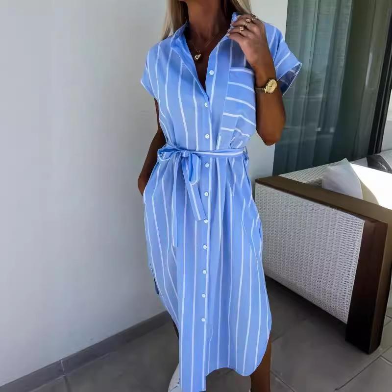 striped lapel print belted dress blend summer dress -line