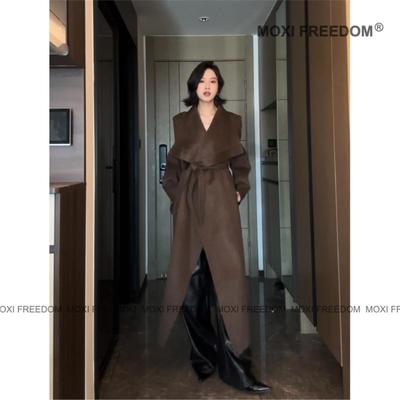 【波尔多德】25年秋冬新款正肩腰带款休闲中长款双面羊毛大衣外套