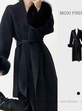 魔西MOXI【女爵时代】全羊毛黑色狐狸毛长款双面羊毛呢子外套大衣