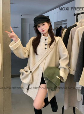 【兜帽暖囊】高品质立领小个子帽子包中短款双面羊毛呢大衣外套