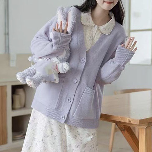 紫色v领针织衫开衫女外套秋冬新款时尚洋气温柔风长袖甜美ins宽松