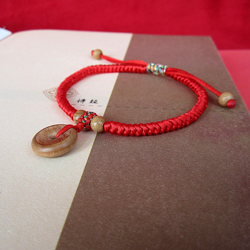桃木脚链女平安扣狗牙桃篮五帝钱脚绳男红绳手工编织金刚结本命年