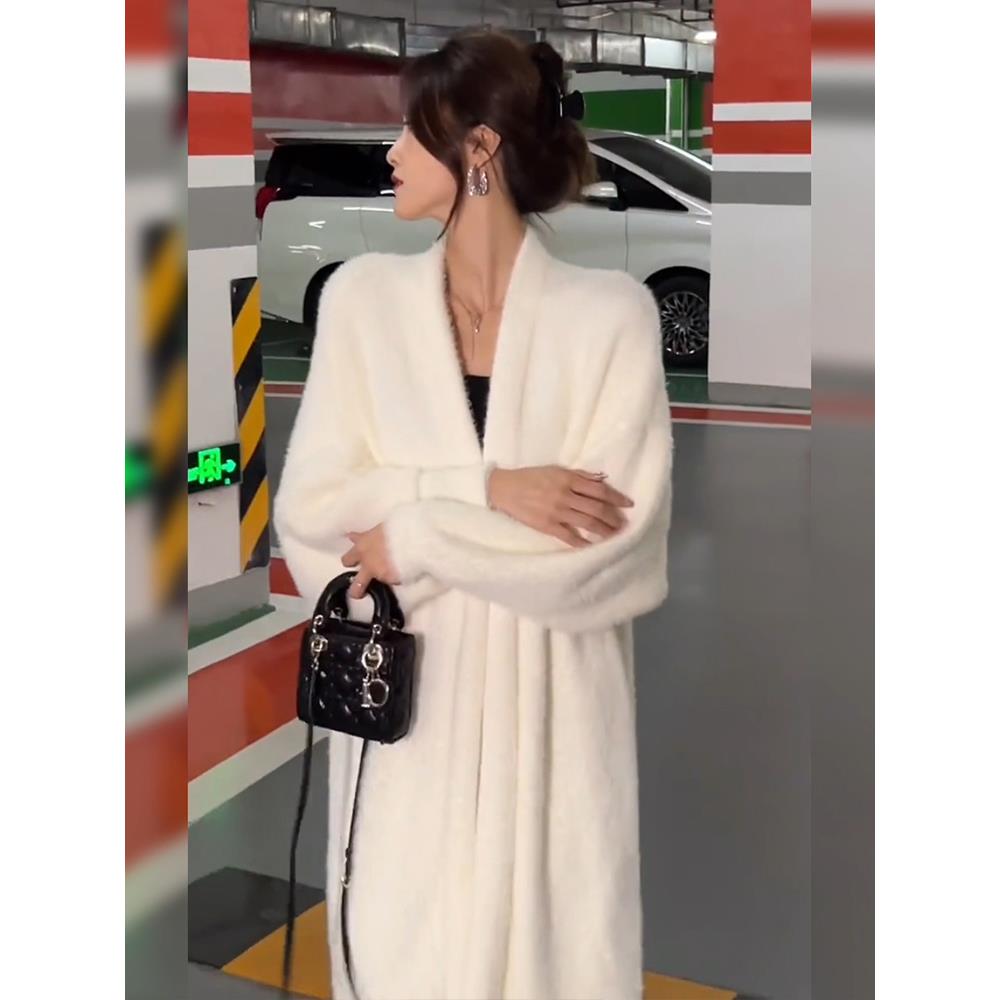 慵懒风毛衣外套女秋冬新款加厚仿貂毛过膝长款毛绒绒针织开衫大衣