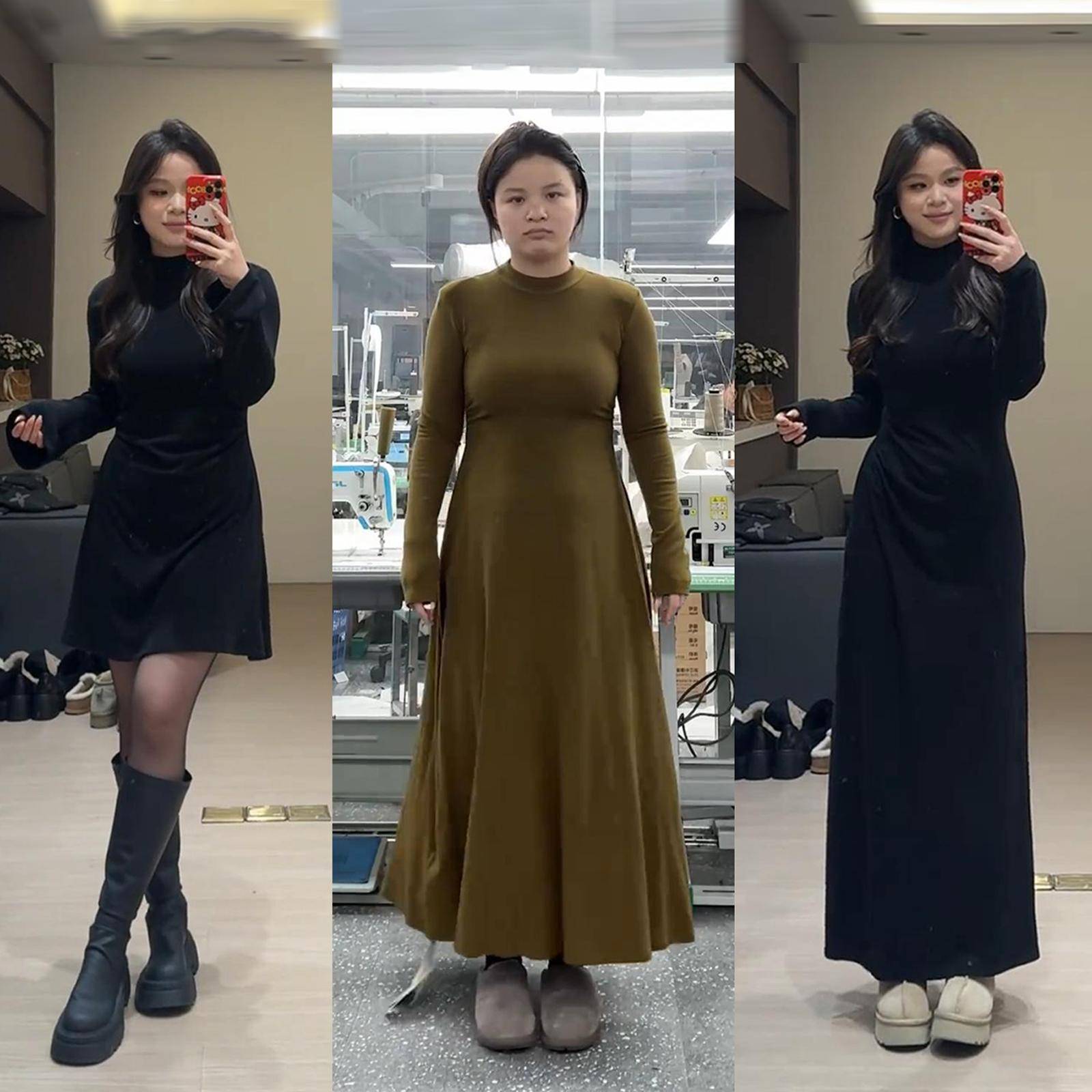 大码黑色气质半高领连衣裙女秋冬胖mm掐腰显瘦御姐风内搭打底裙子