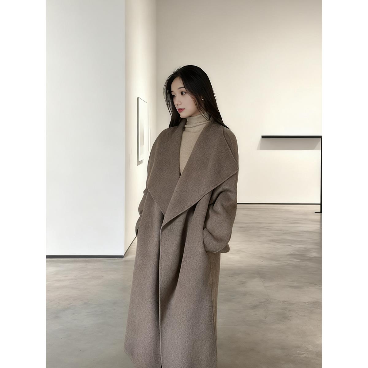 灰色双面羊绒斗篷大衣女2025秋冬新款高级感大翻领中长款毛呢外套