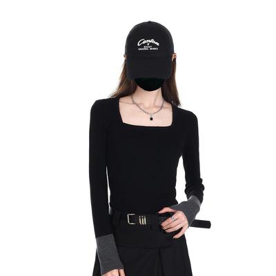 2024冬季韩版修身毛衣上衣女可外穿黑色方领内搭收腰保暖针织衫