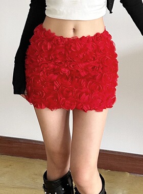 Three-dimensional flower red skirt立体花朵红色性感低腰半身裙
