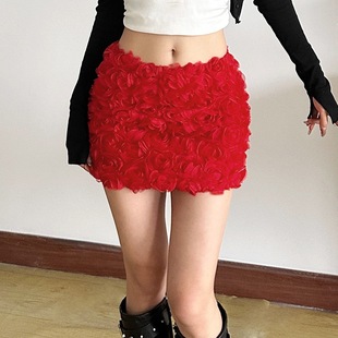 red flower skirt立体花朵红色性感低腰半身裙 dimensional Three