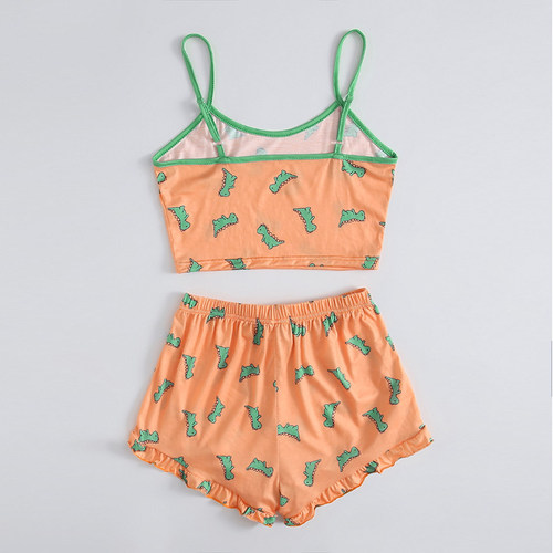 卡通印花女生吊带短裤睡衣套装