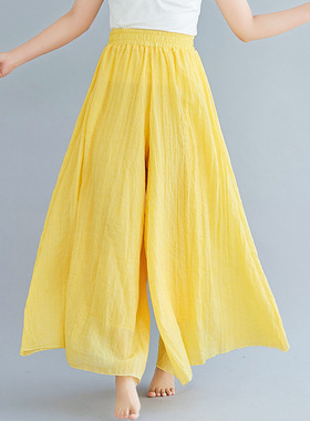 Elastic waist cotton and linen hakama松紧腰棉麻纯色大摆裤裙