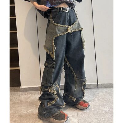 美式五角星毛边牛仔裤