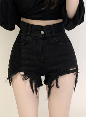 high waist ripped frayed denim shorts高腰破洞毛边牛仔短裤女