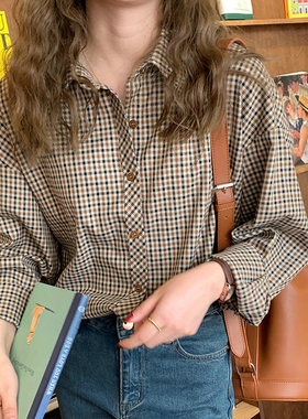 vintage plaid long sleeve bottoming shir时尚复古格子衬衫打底