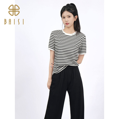 百丝BCVOGA通勤条纹宽松T恤2024夏季新品休闲风随意感圆领上衣女