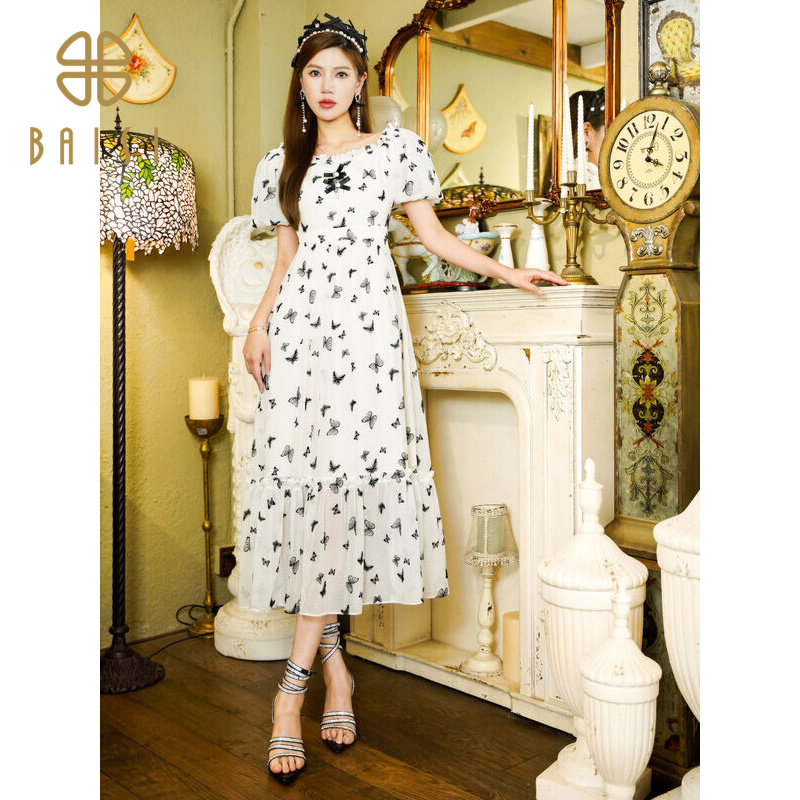 百丝法式优雅蝴蝶装饰碎花裙2024夏季新品韩系穿搭一字肩连衣裙女