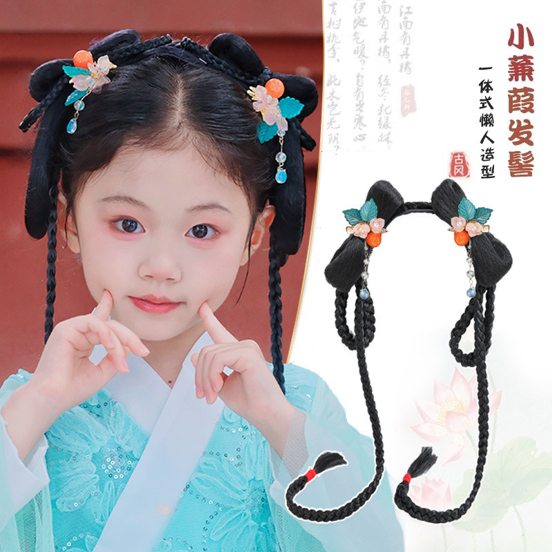 儿童汉服头饰假发女童古装一体式发箍古风发饰小辫子蝴蝶发髻造型