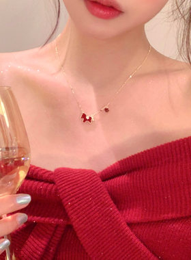 新年红色滴油金边小马项链女轻奢高级感锁骨链配饰气质毛衣链颈链