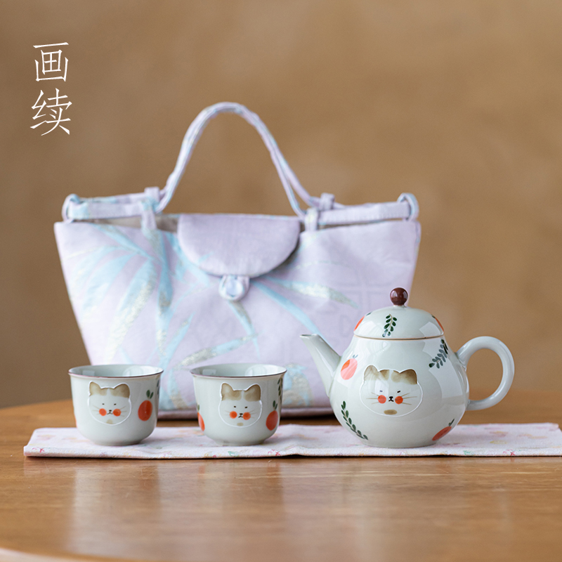 画续草木灰手绘梨形壶 旅行功夫茶具一壶二杯便携式陶瓷材质